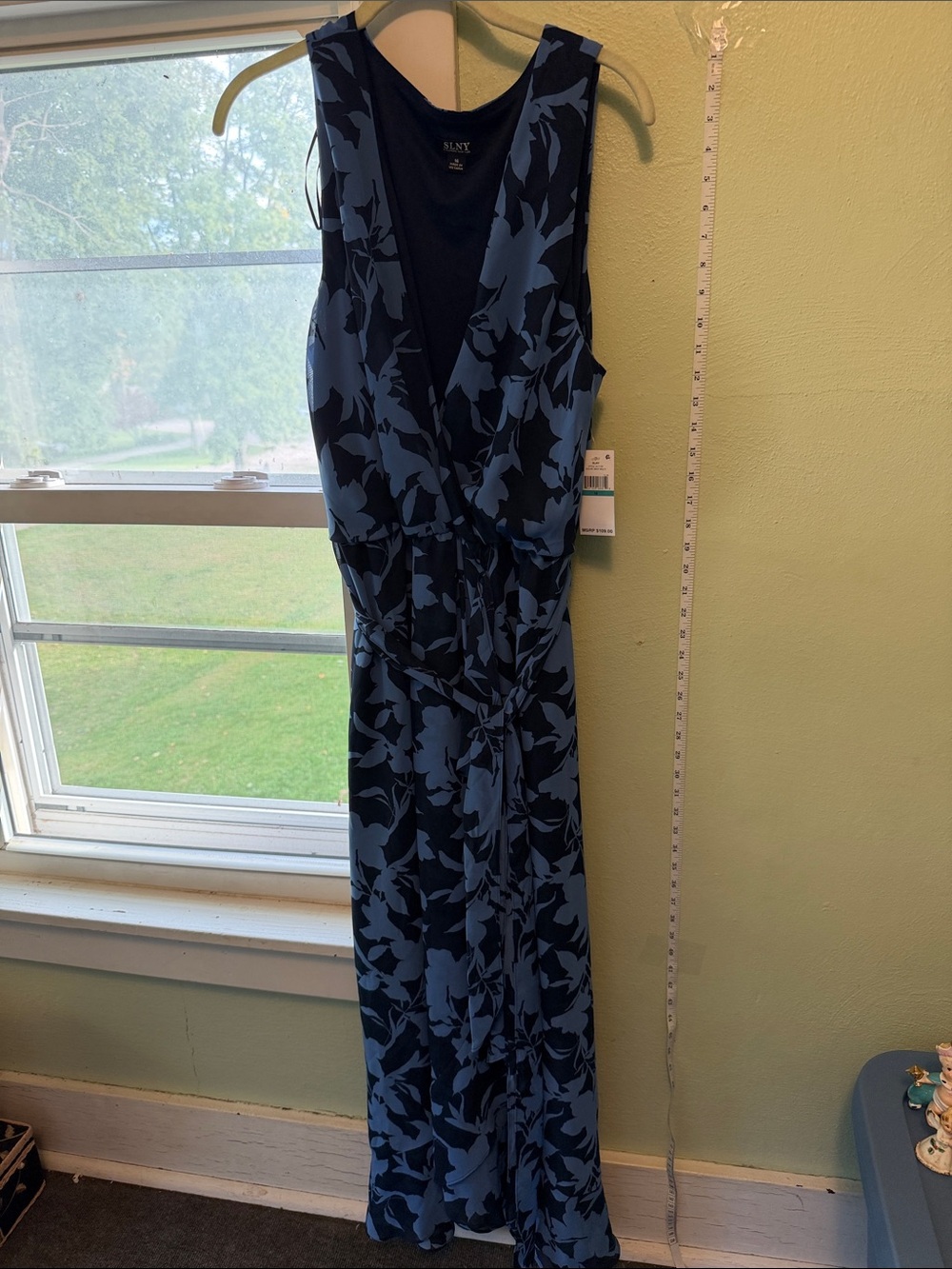 SLNY Navy and Light Blue Floral Wrap Maxi Dress